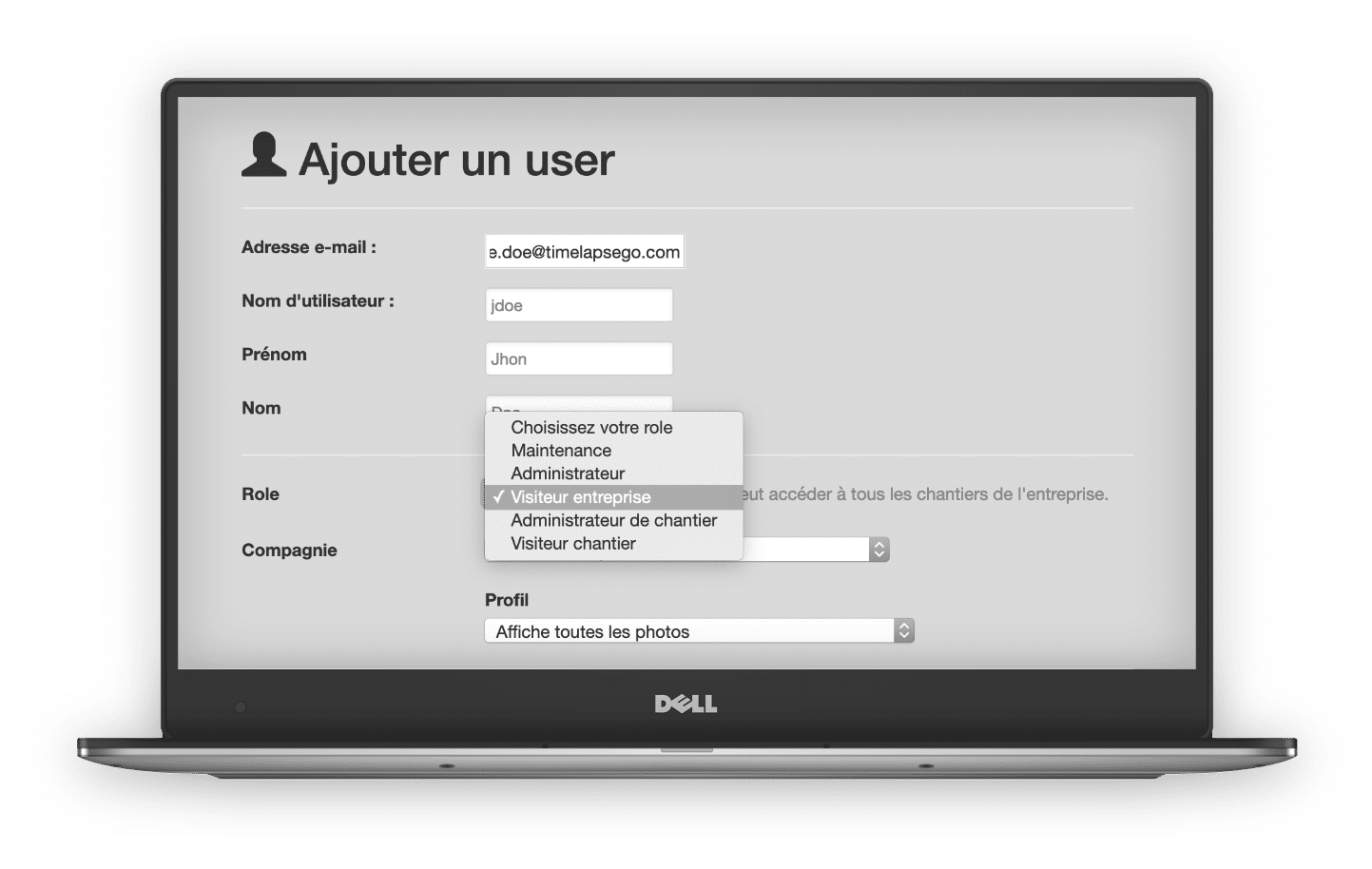 Laptop avec un exemple interface de suivi avec paramètre utilisateur