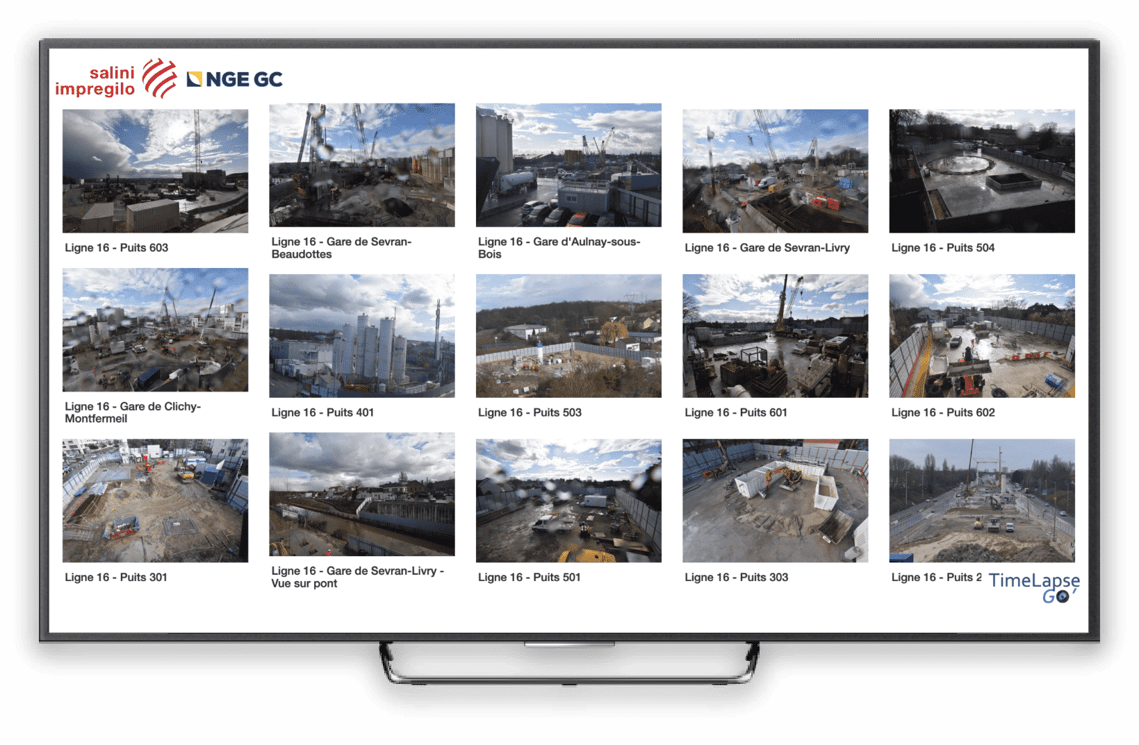 Un écran affiche plusieurs images de différents chantiers.