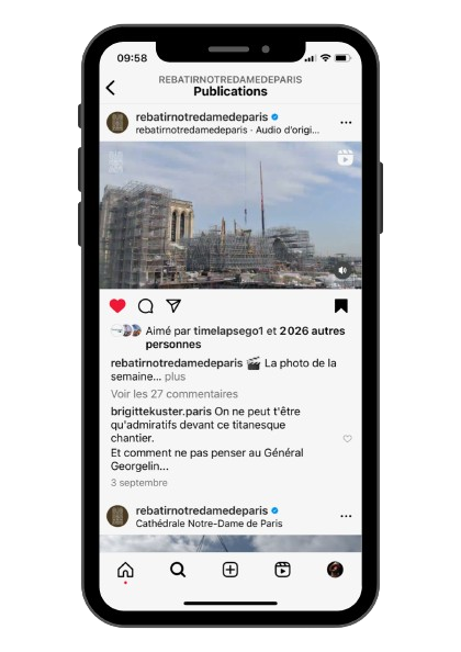 Application Instagram sur iPhone avec la  publication du compte Rebâtir Notre dame 