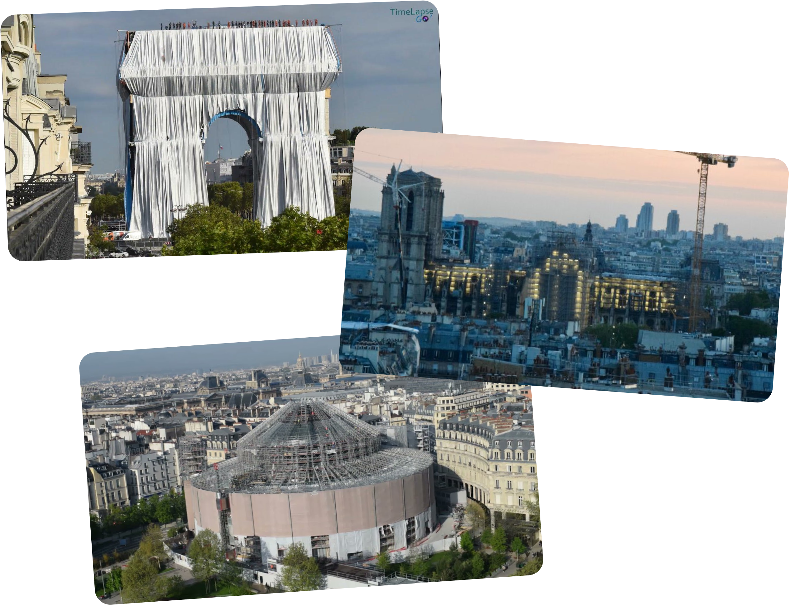 3 images qui repésentent l'arc de triomphe, Notre-Dame de Paris et la Bourse de Commerce