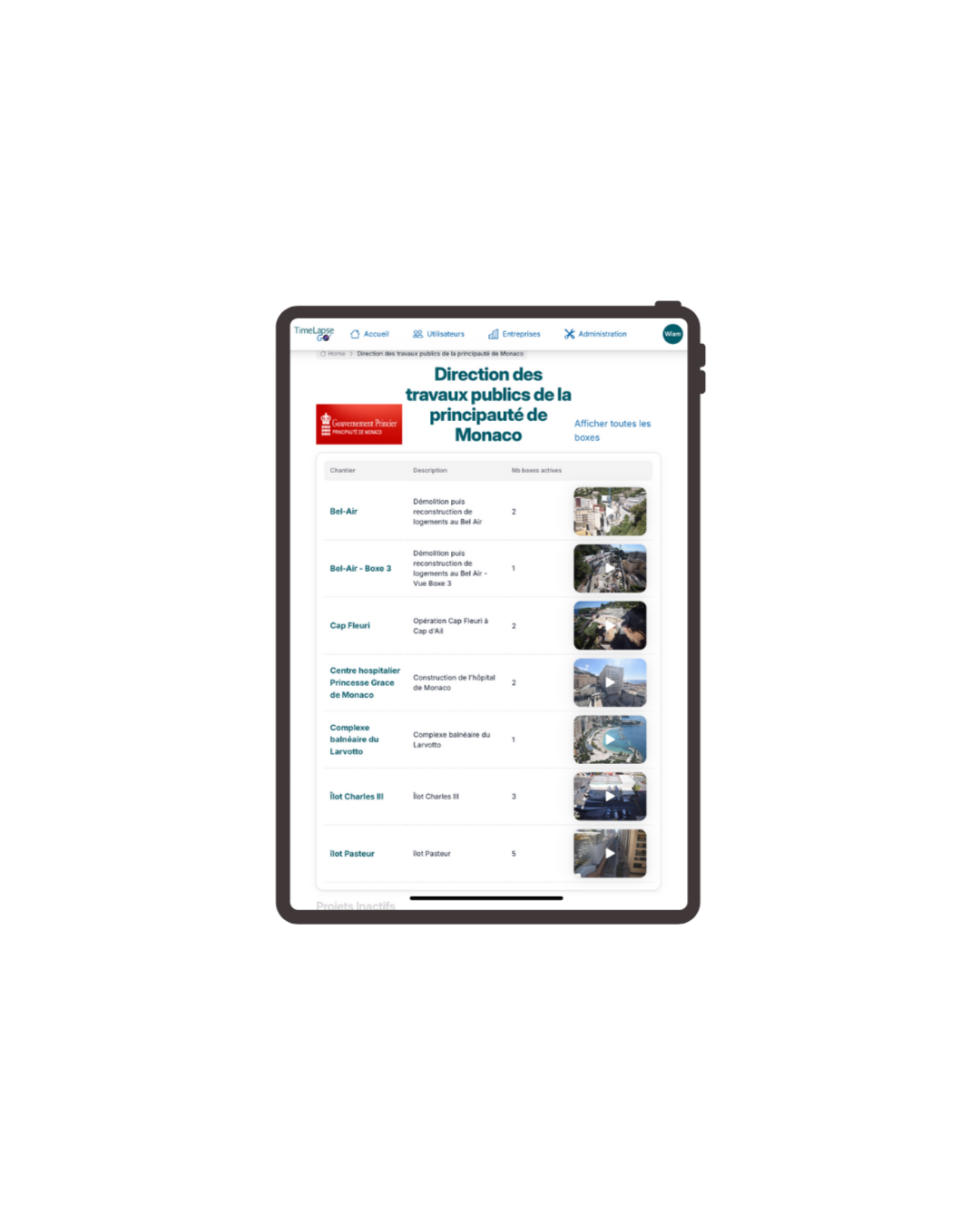 Capture écran de notre interface de suivi au format tablette.